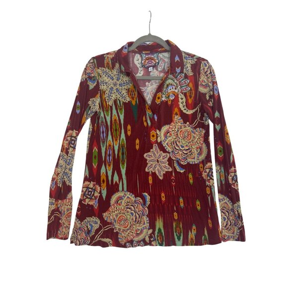 Johnny Was Feather Swing Polo Top Boho V-Neck XS Long Sleeve Fall Lightweight - Picture 5 of 14